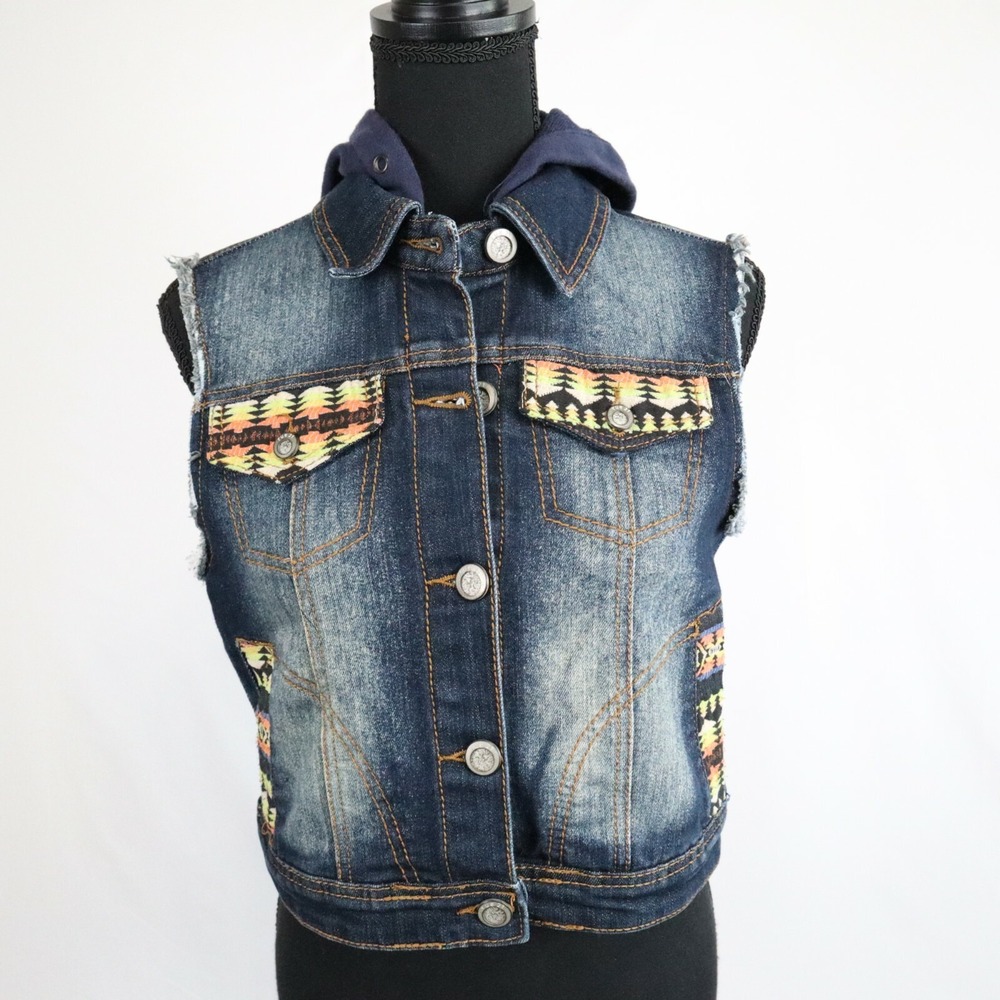 Rue 21 Vest Womens Small Denim Blue Jean Jacket Sleeveless Hoodie Button Up‎